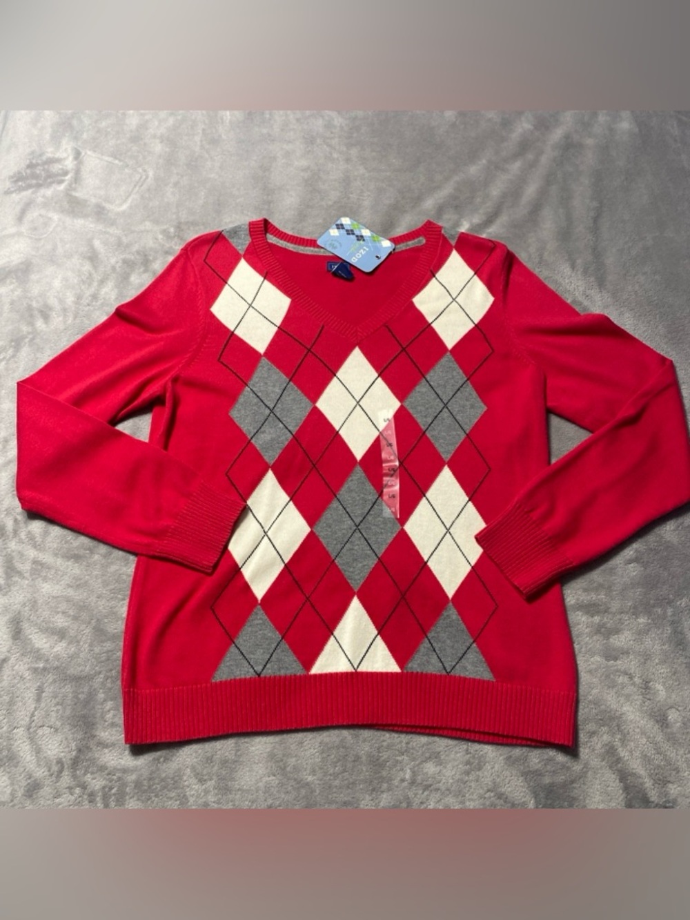 IZOD Golf V-Neck Jumper Sweater Red Argyle/Diamond Womens Large
